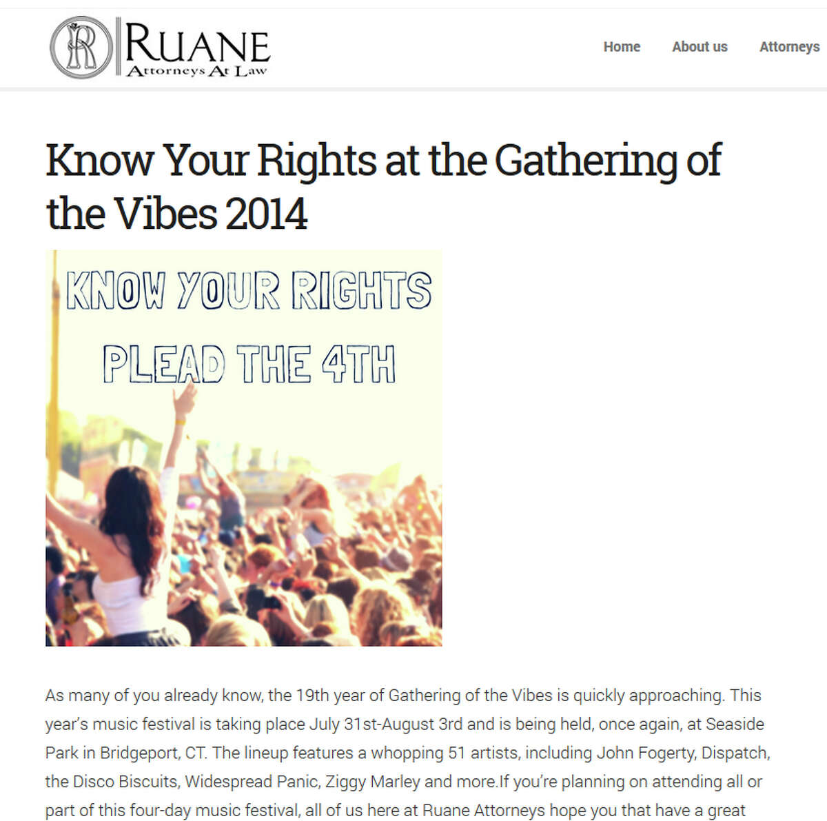 A screen grab from Ruane Attorneys at Law website reaches out to the crowd at the Gathering of the Vibes music festival going on this weekend, July 31 - Aug. 3, 2014.