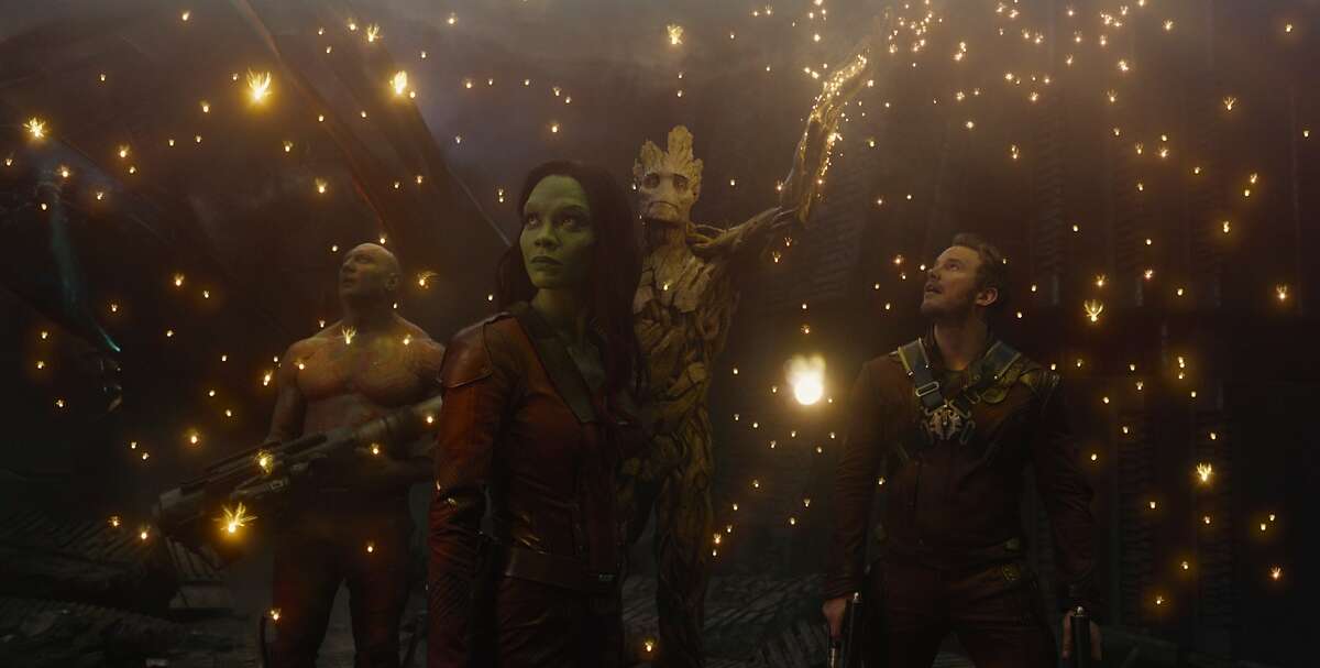 Marvel's Guardians Of The Galaxy L to R: Drax the Destroyer (Dave Bautista), Gamora (Zoe Saldana), Groot (voiced by Vin Diesel) and Peter Quill/Star-Lord (Chris Pratt)
