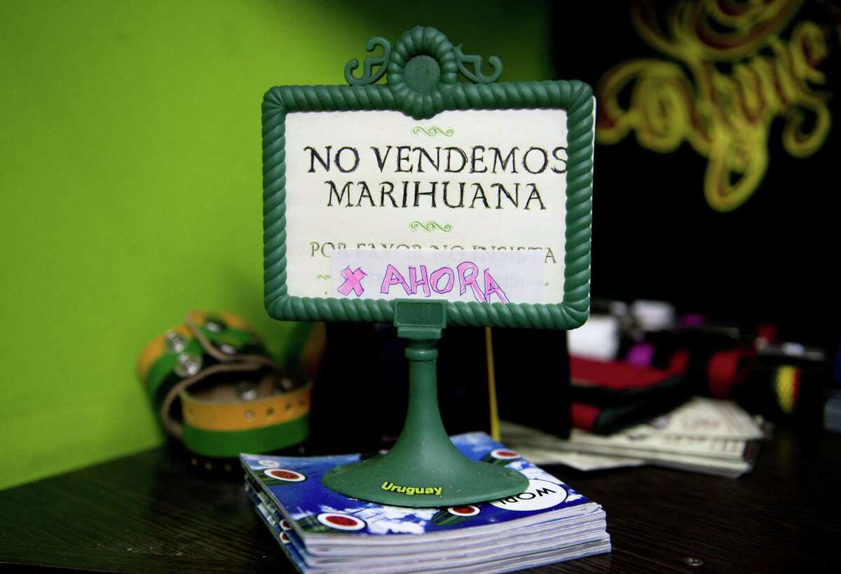 FILE - This May 6, 2014 file photo shows a sign that reads in Spanish; "We don't sell pot, yet," on display at a head shop in downtown Montevideo, Uruguay. Delays in implementing the plan to create the worldÂ?’s first national, government-regulated marketplace for legal pot , are putting it at risk as polls point to opposition gains in October general elections and disapproval of the project by most Uruguayans. (AP Photo/Matilde Campodonico, File)