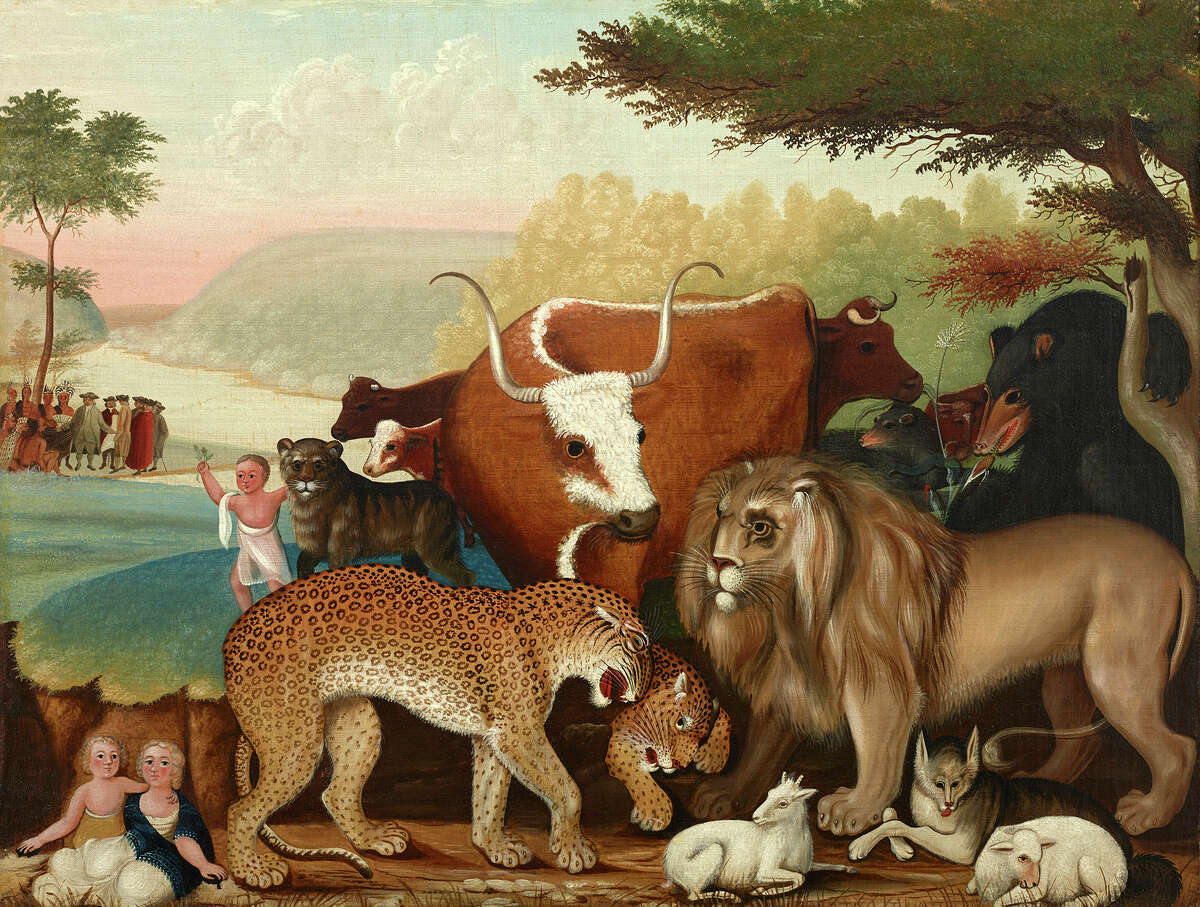 An image of Edward Hicks's "The Peaceable Kingdom," a masterpiece owned by the Dallas Museum of Art, appears through Aug. 31 on a Washington Avenue billboard through the outdoor program Art Everywhere U.S. (c. 1846-1847, oil on canvas, Dallas Museum of Art, The Art Museum League Fund)
