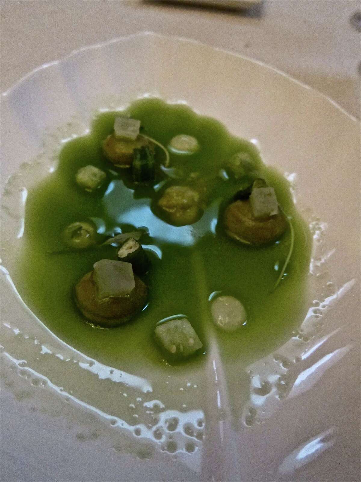 The Roca brothersâ 17-course dinner included this "green saladâ that came in a shiny pool of cucumber juice.