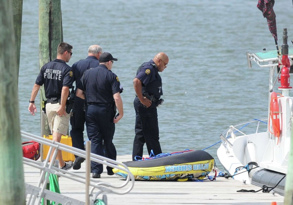 The scene of a boating accident near the Old Greenwich Yacht Club at Greenwich Point, Conn., Wednesday afternoon, Aug. 6, 2014.