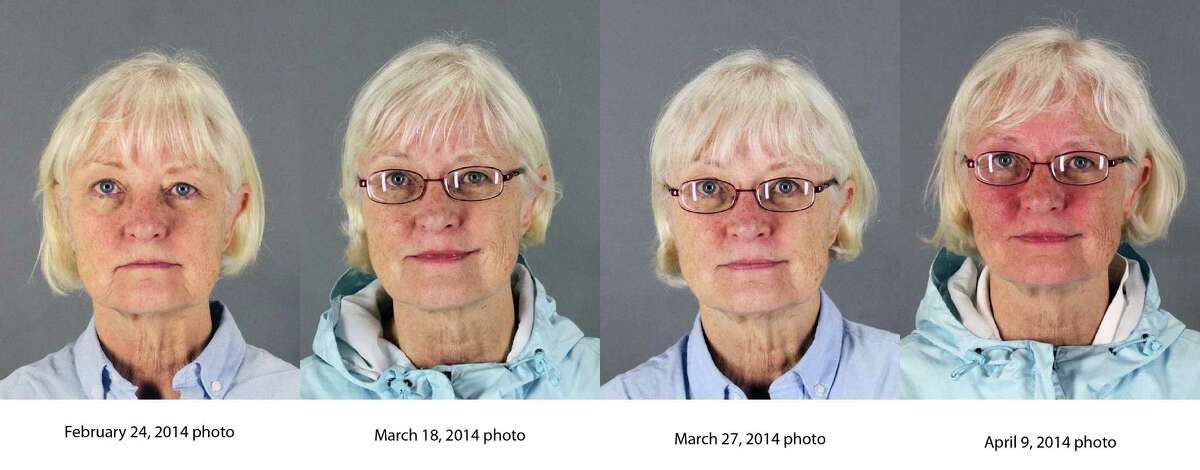 This combination of four 2014 booking photos released by the San Mateo County Sheriff’s Office shows Marilyn Hartman. Federal law enforcement officials say Hartman tried at least three times to breach airport security before she was able to get through a checkpoint without a boarding pass at Mineta San Jose International Airport in August.