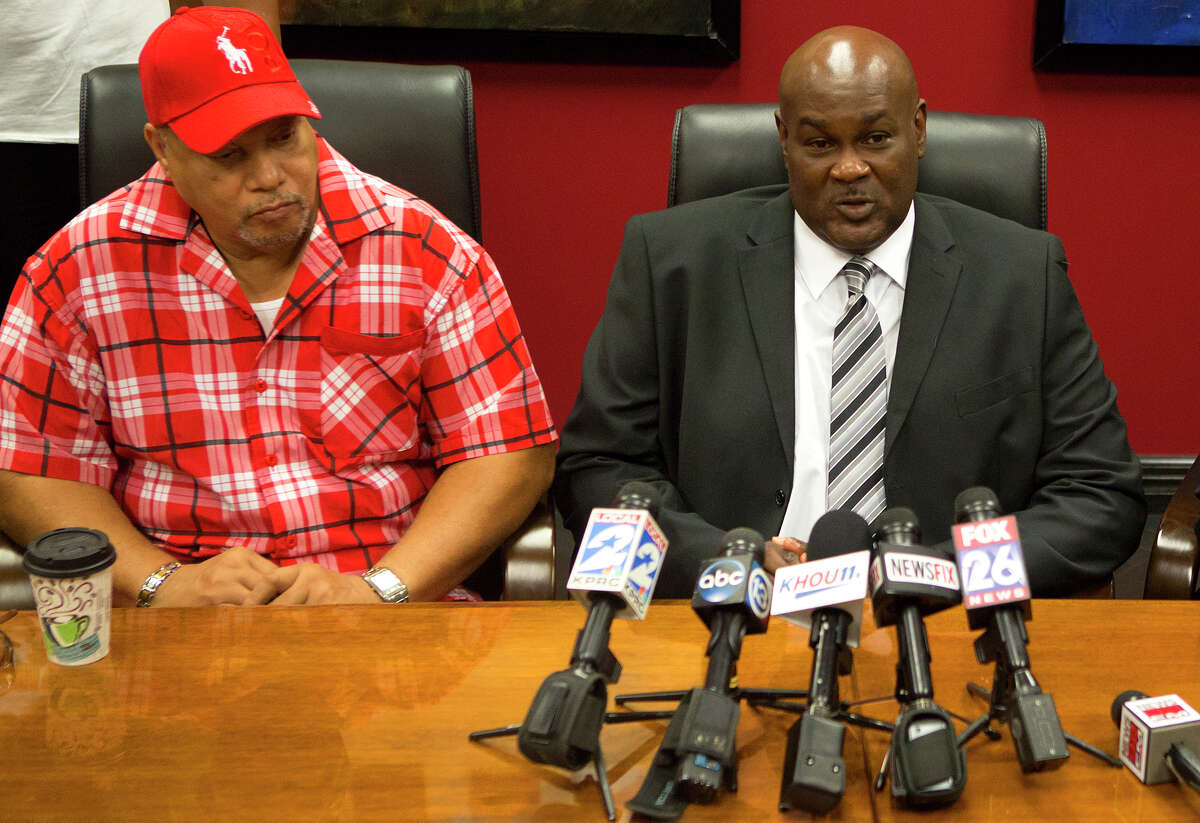 Donald Deason, left, and Bruce Lawson, right, speak during a news conference in August in Houston. Mabrie Memorial Mortuary mixed up the deceased bodies of Deason's and Bruce's mothers.