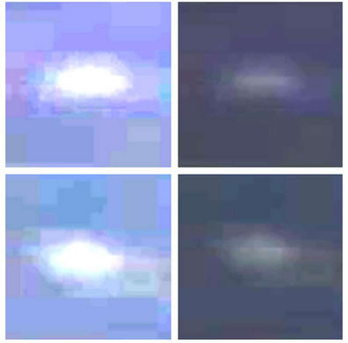 These enlargements of screen shots from NASA's live webcam purportedly show a UFO that approached the International Space Station Aug. 4, 2014. (Photo: UFO Sightings Daily via NASA)