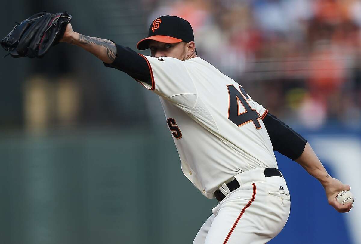 SAN FRANCISCO, CA - JULY 27: Jake Peavy #43 of the San Francisco Giants pitches in the top of the first inning against the Los Angeles Dodgers at AT&T Park on July 27, 2014 in San Francisco, California. (Photo by Thearon W. Henderson/Getty Images)