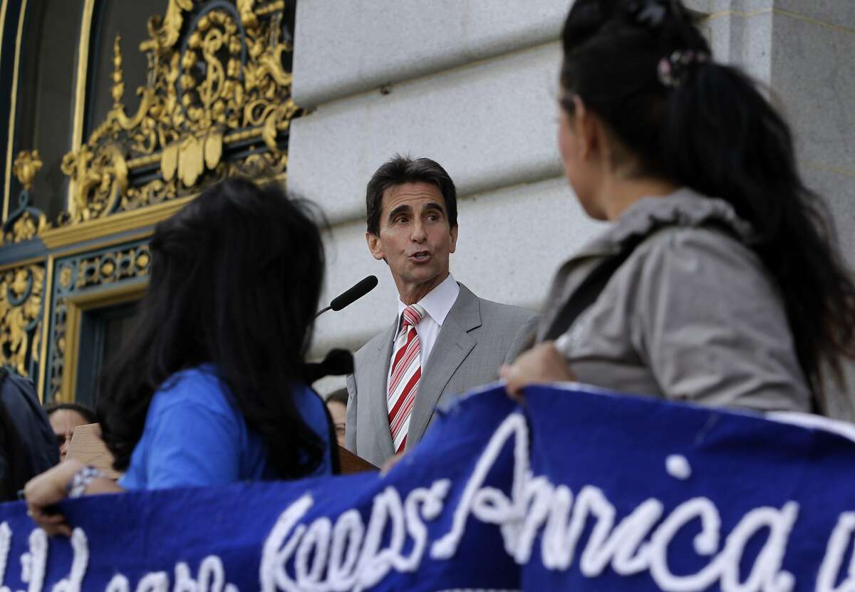 State Sen. Mark Leno speaks at a City Hall rally to urge the state to spend $5 billion more on education and social services, in San Francisco, Calif. on Friday, May 2, 2014.
