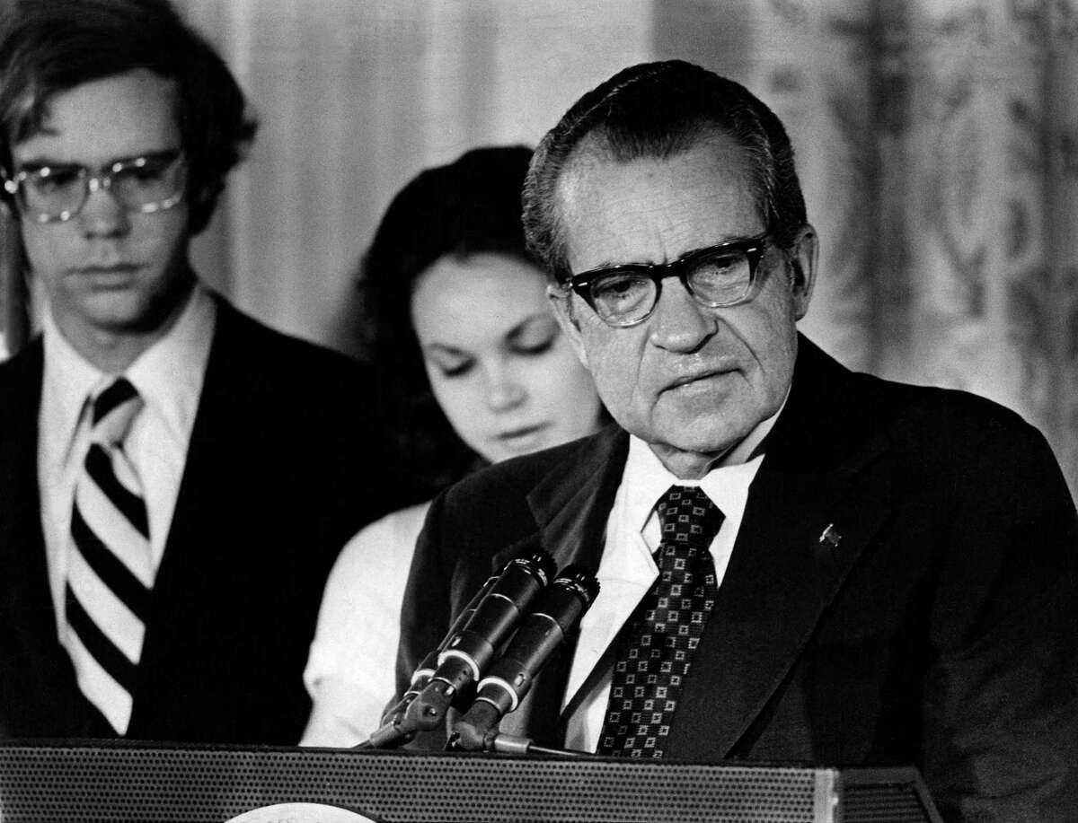 President Richard M. Nixon says goodbye to his Cabinet and staff at the White House on Aug. 9, 1974. Criticizing an editorial on the 40th anniversary of the resignation, a reader says some current politicians are just as corrupt.