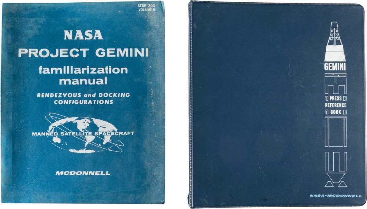 Gemini Program: Two Original NASA-McDonnell Manuals Including: (1) Gemini Press Reference Book. Produced by McDonnell, no date. 91 8.5" x 11" three-hole punched pages with tab dividers in a 10" x 11.5" three-ring Gemini binder. Very good. (2) NASA Project Gemini Familiarization Manual: Rendezvous and Docking Configuration. Produced by NASA and McDonnell with changes to August 22, 1966. Marked copy 19. Approximately 400 8.5" x 11" three-hole punched pages in the binder of issue. Profusely illustrated with line drawings. Soiling to covers, else very good. From the Steven R. Belasco Collection of Space Memorabilia.