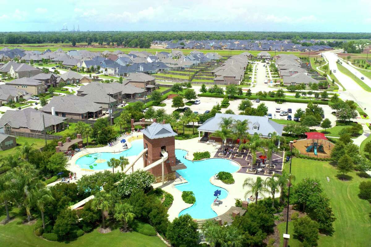 This is a view from a remote-controlled aircraft of the Sienna Springs Resort Pool in the Fort Bend County master-planned Sienna Plantation community.