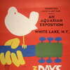1969: Promotional poster for the 1969 Woodstock Music and Arts Fair in Bethel, New York. A white dove sits on a guitar handle above the tagline, '3 DAYS of PEACE & MUSIC.' A schedule with the names of the performers, including Joan Baez, Grateful Dead, Janis Joplin, Jefferson Airplane and Jimi Hendrix appears on the bottom left hand side.