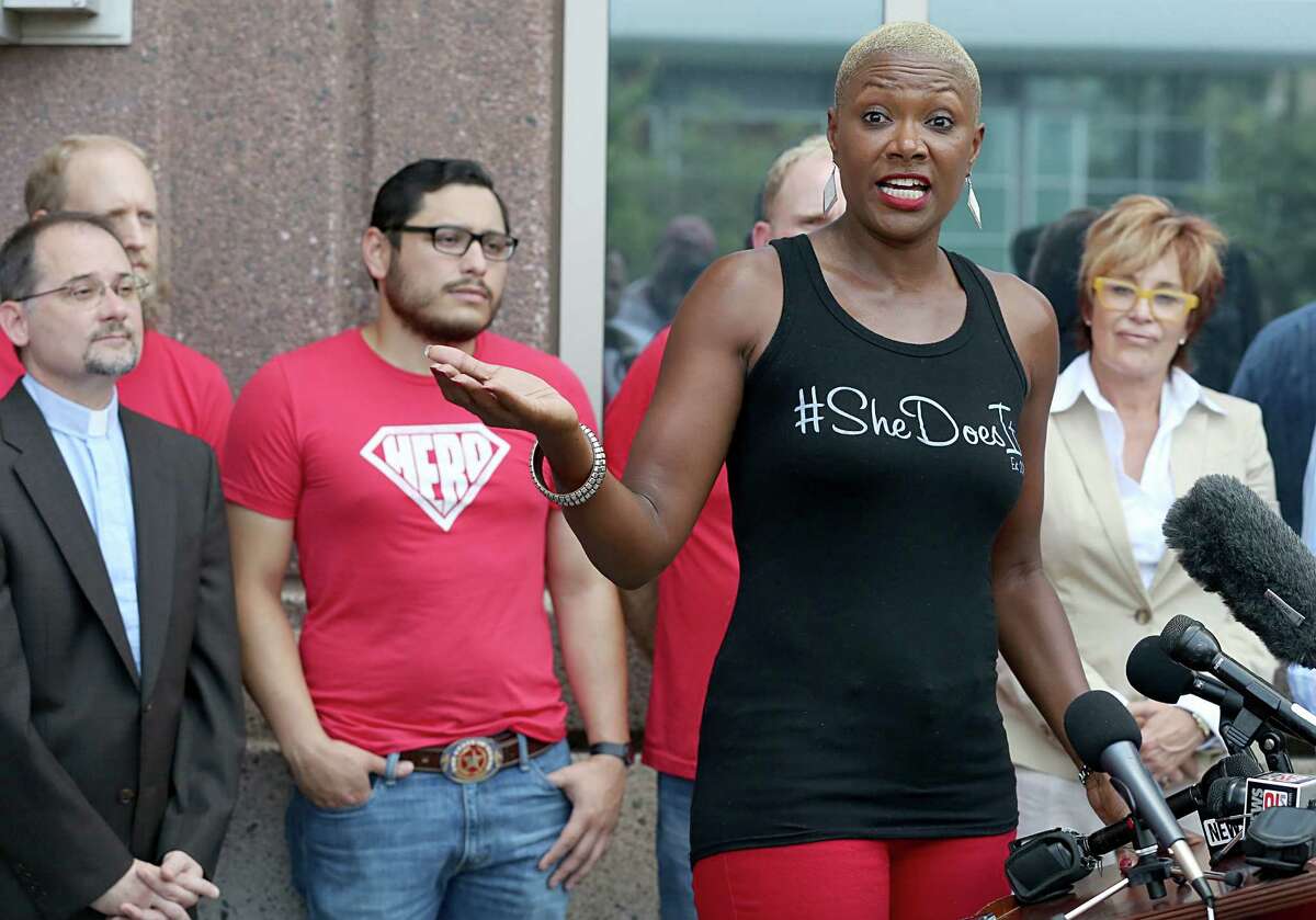 Former city councilor Jolanda Jones speaks about Equal Rights Ordinance on August 15, 2014 at 201 Caroline St. in Houston, TX.