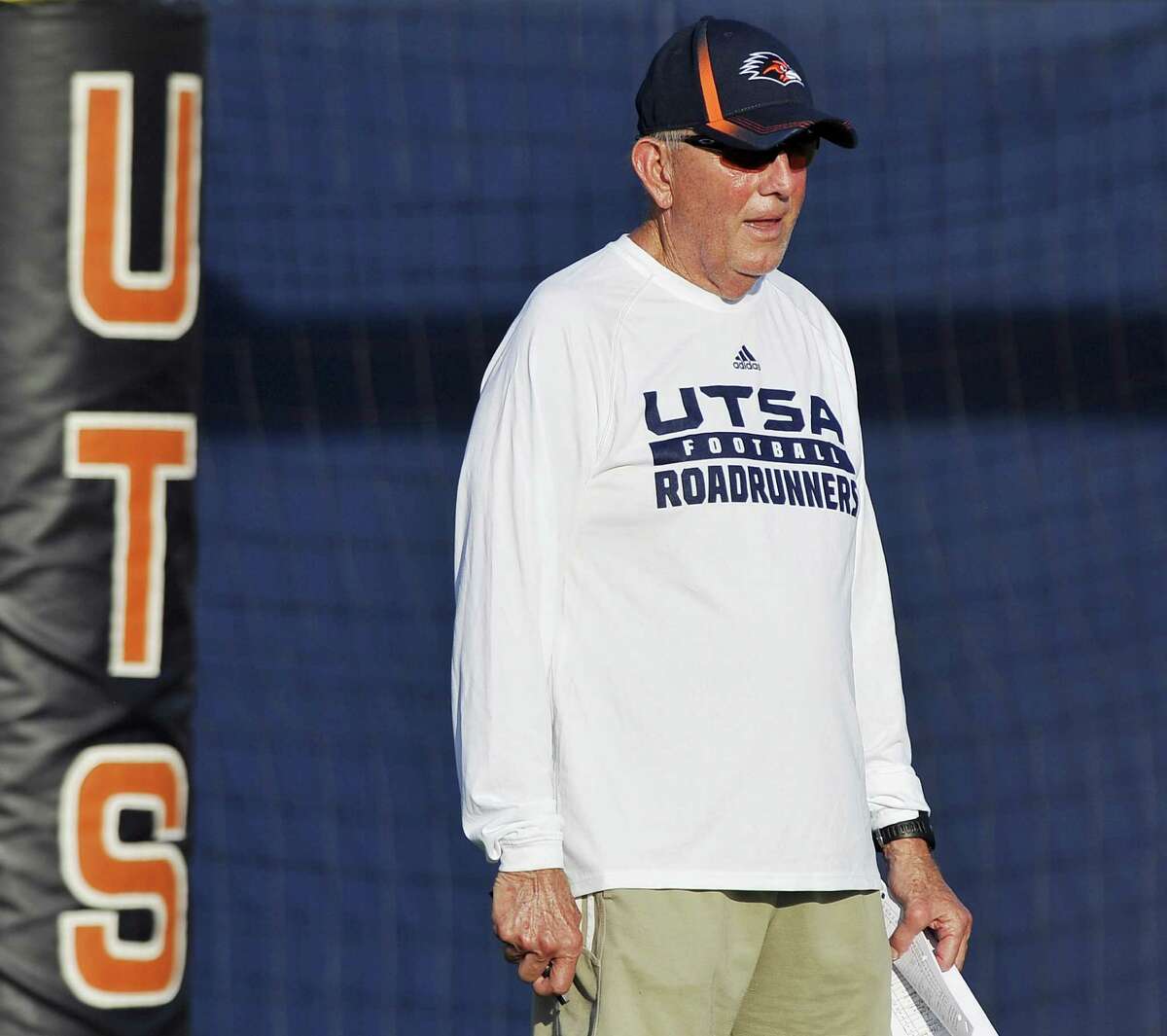 UTSA head coach Larry Coker watches drills during football practice, Thursday, Aug. 14, 2014, at UTSA in San Antonio. (Darren Abate/For the Express-News)