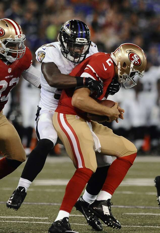 Blaine Gabbert Still 2nd On 49ers Qb Depth Chart Sfgate Blaine Gabbert Is Sacked By The Ravens C J Mosley In Preseason Opener And