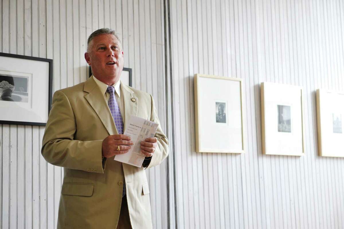Assemblyman John McDonald addresses those gathered during a press conference at the Denise Saint-Onge Visual Art gallery Monday, Aug. 18, 2014, in Troy, N.Y. (Paul Buckowski / Times Union)
