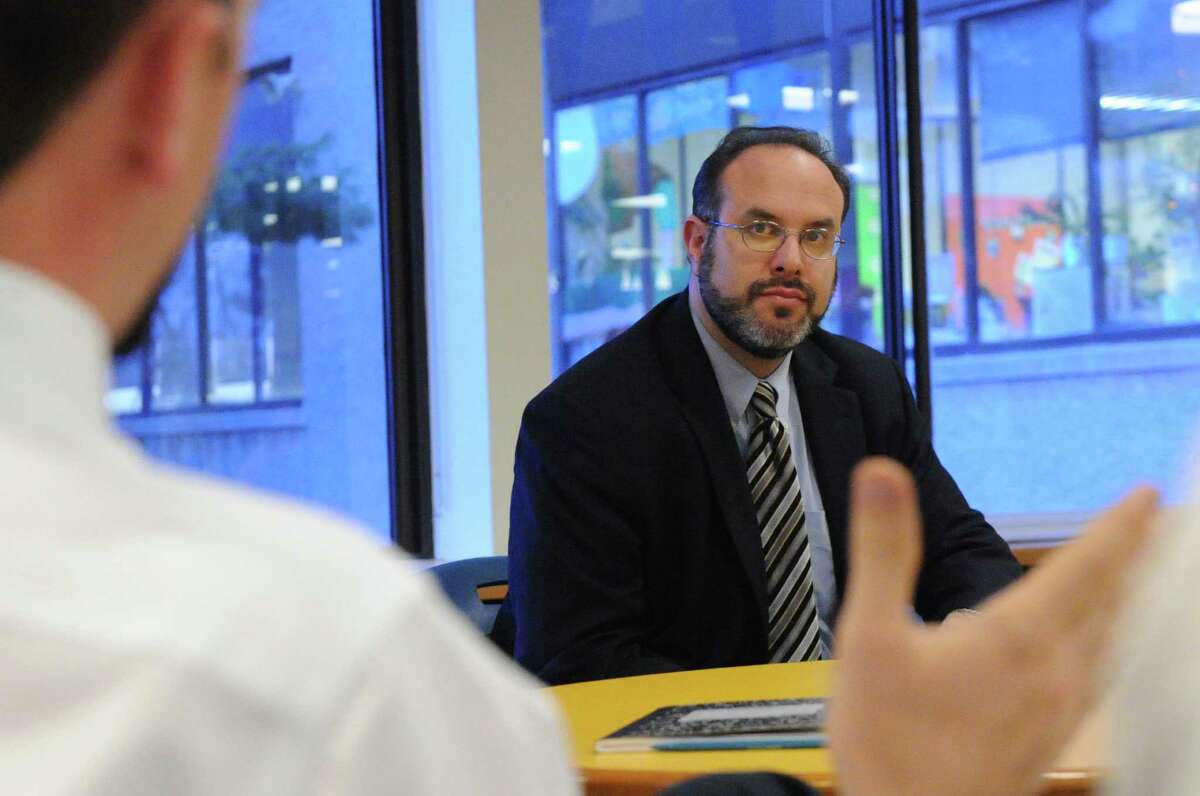 Connecticut Commissioner of Education Stefan Pryor holds a roundtable discussion with school leadership and teachers from bothTrailblazers and Stamford Academies, Stamford’s two state charter schools, at Trailblazers Academy in Stamford, Conn., November 29, 2011.