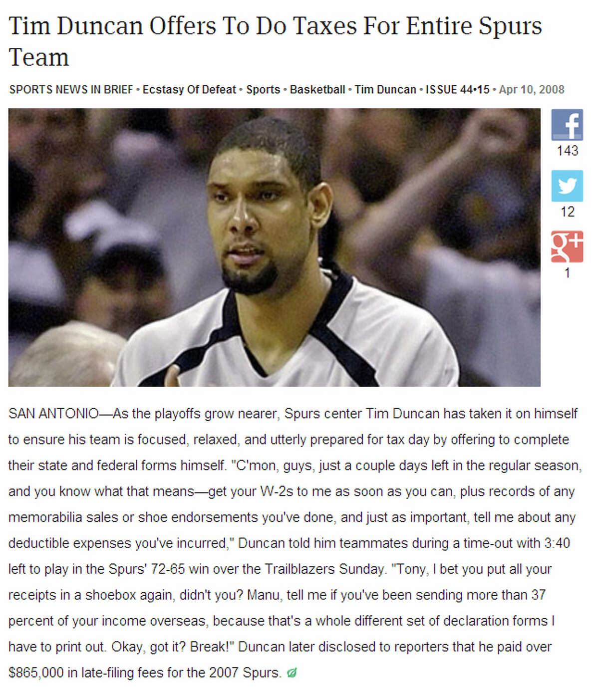 25 hilarious Tim Duncan headlines from The Onion