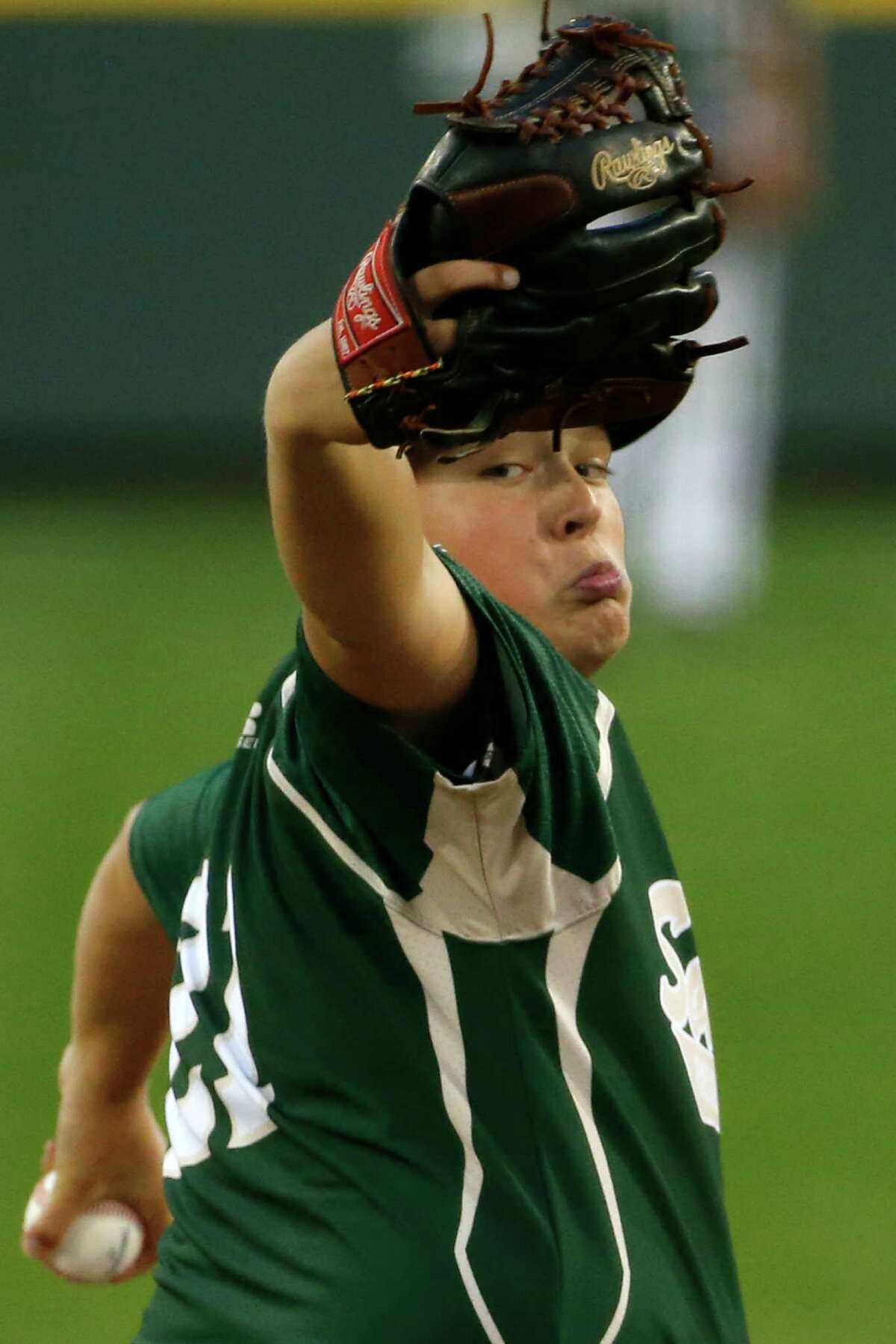 Pearland pitcher Walter Maeker III delivers during the first inning of an elimination baseball game against Chicago at the Little League World Series tournament in South Williamsport, Pa., Tuesday, Aug. 19, 2014. Chicago won 6-1. (AP Photo/Gene J. Puskar)