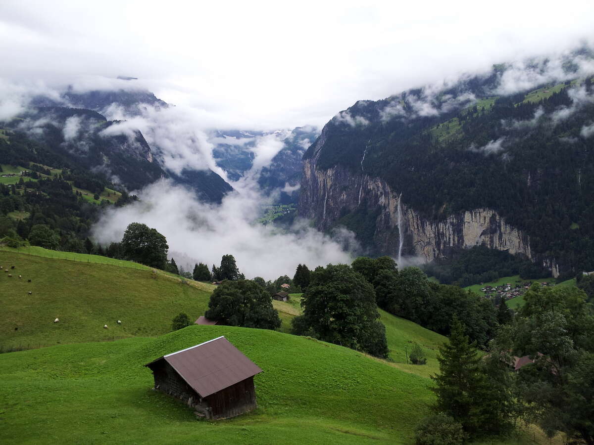 Mountain train looking down on Lauterbrunnen, Switzerland, on the way to Wengen. (Jae Yoon Um)
