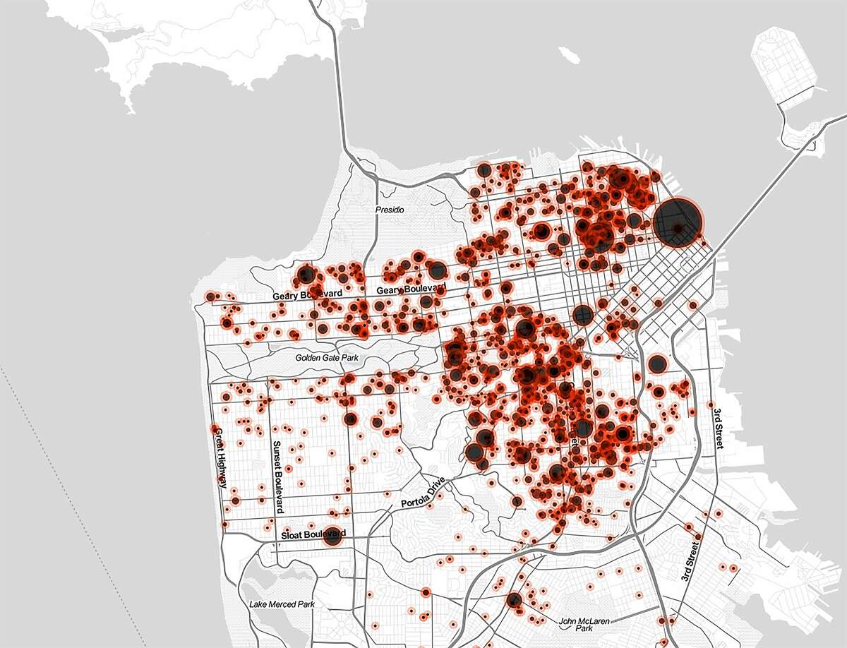 Screen shot: Anti-Eviction Mapping Project, Interactive map, "Ellis Act Evictions 3,811 San Francisco Families Forced Out of Their Homes 1/1/1997 - 12/29/2013."