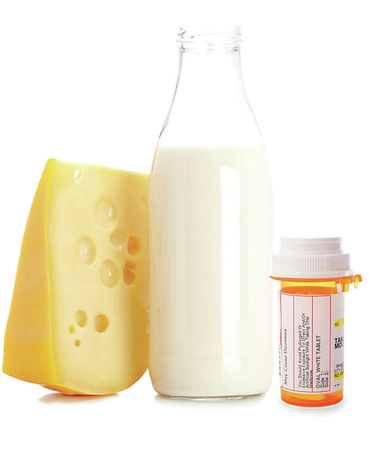 Dairy products and antibiotics Some antibiotics, including Cipro, bind to calcium, iron, and other minerals in milk-based foods. This prevents the absorption of the antibiotics, decreasing their ability to fight infections. (Dairy, Rafa Irusta Machin/iStockphoto.com; Pill Bottle, YinYang/GettyImages)