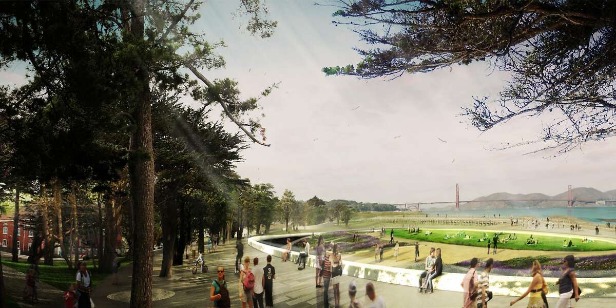 A design team led by West 8 is one of five that have submitted conceptual visions for the new parkland that will be draped between the Crissy Field and the Main Post of the Presidio. This image shows the central lawn of a feature called the Ellipse from the east edge, which would include a small forest.