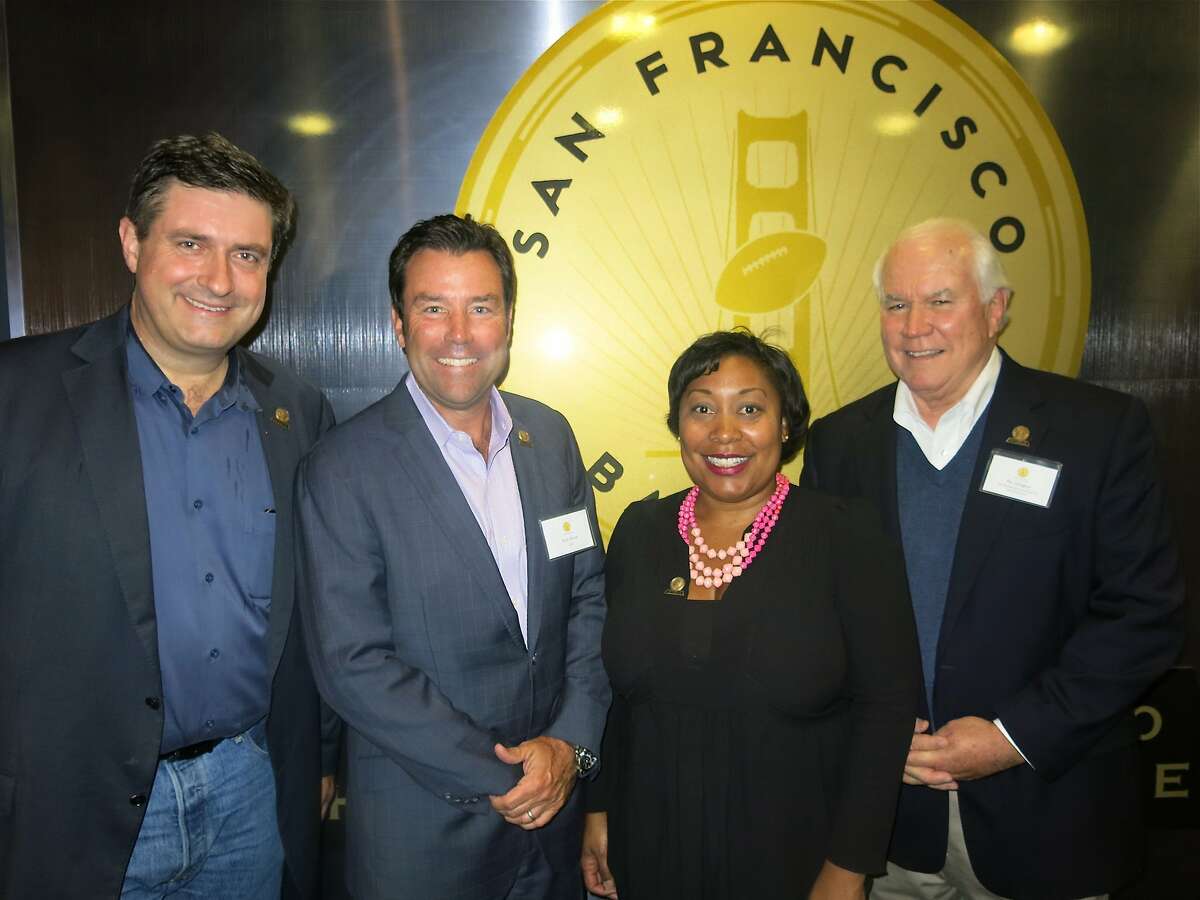 SB50 Committee member and Sacramento Kings co-owner Chris Kelly (left) with SB50 CEO Keith Bruce, committee member Gwyneth Borden and SB50 EVP Pat Gallagher. Aug 2014. By Catherine Bigelow.
