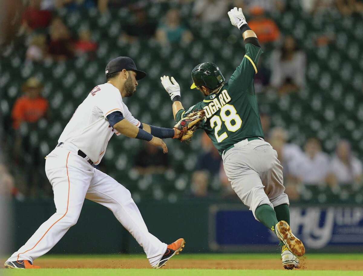 Try as he might, Oakland's Eric Sogard can't escape the tag of Astros shortstop Marwin Gonzalez﻿ in Monday night's game at Minute Maid Park.