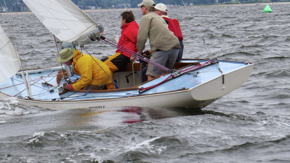 Westport's Mark Foster leads Thistle to a second-place finish at the 2014 Atlantic Class National Championships, a regatta held at Cedar Point Yacht Club last weekend. Foster's crew were Kim Stevens, Thurston Hartford and John Verelley.