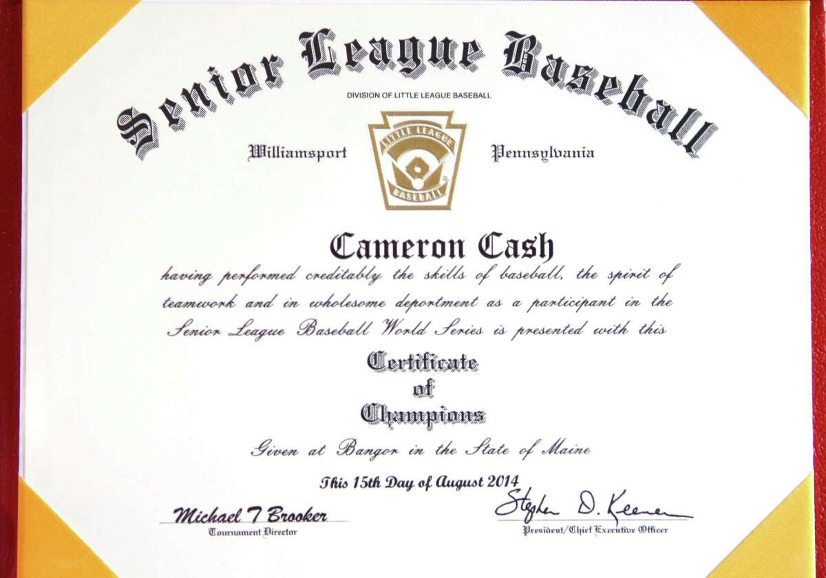 The Senior League World Series certificate of Cameron Cash, a pitcher on the West University Senior Little League team that won the 2014 Senior League World Series in Bangor, Maine