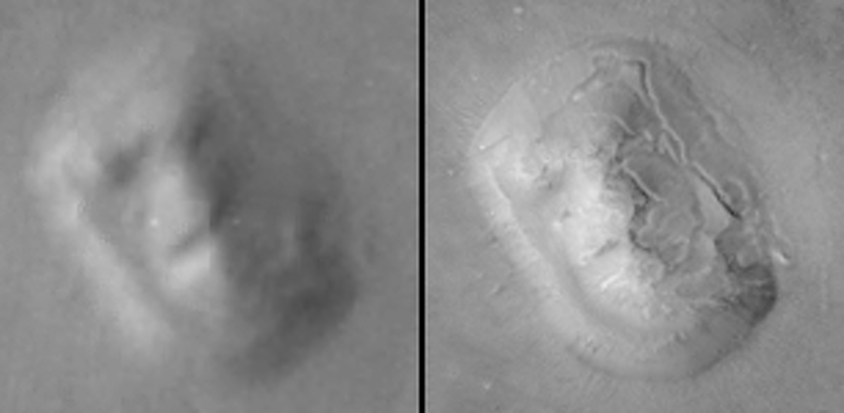 1976 Viking Orbiter image (left, image #070A13) compared with the 2001 Mars Global Surveyor image (right). The "Face" is 1.5 km across in size.