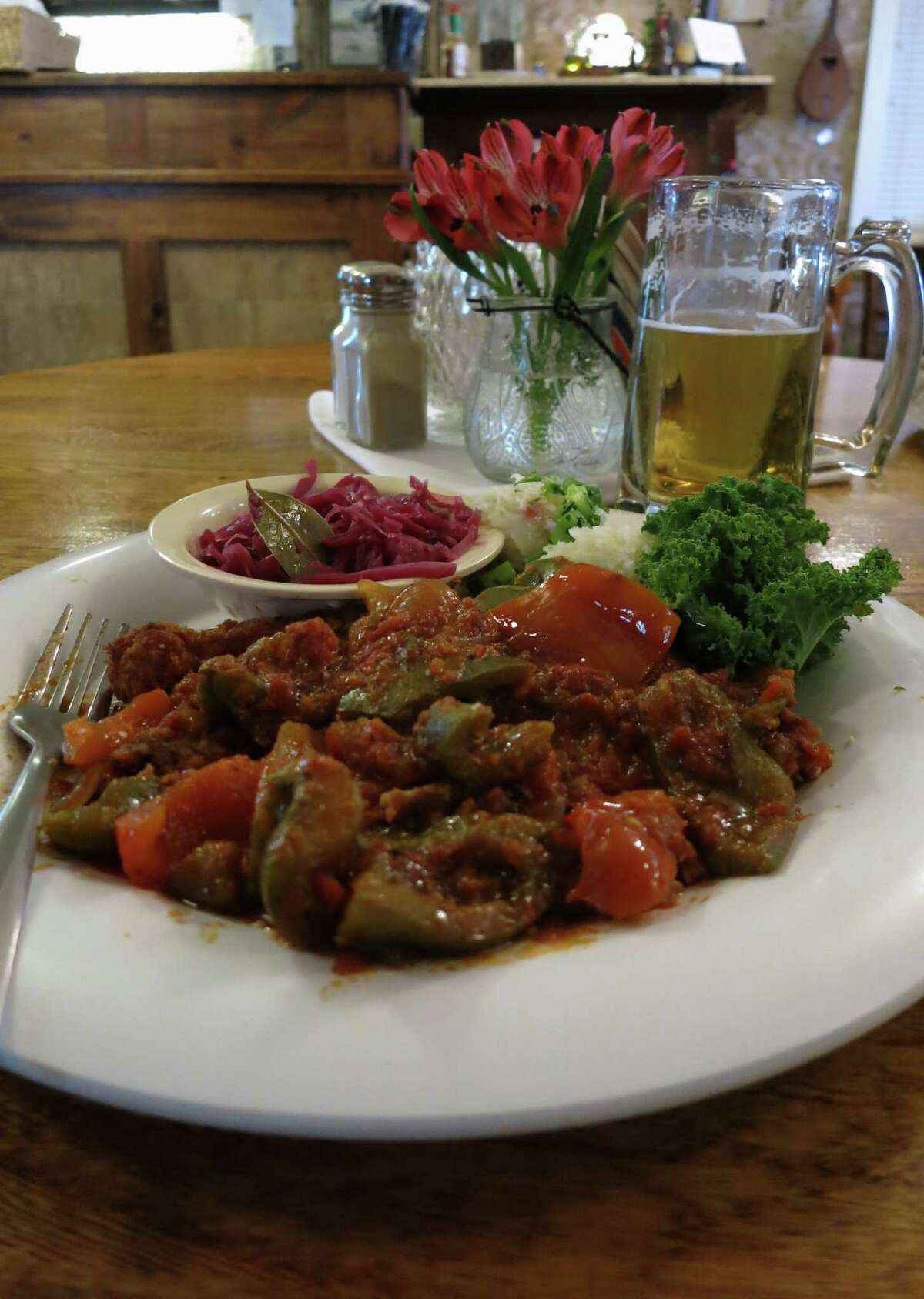 Der Lindenbaum serves a variety of schnitzels, including the Zigeuner Schnitzel, a tender cutlet of pork, breaded and pan-fried, topped with a spicy bell-pepper sauce.