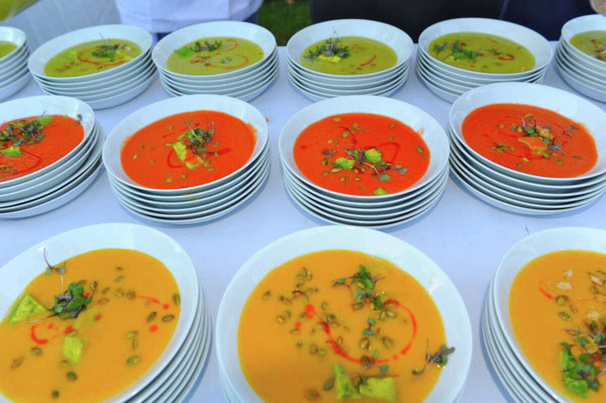 The varied fare prepared by master chefs for the Harvest Fest at Wakeman Town Farm is typified by this tri-color gazpacho by chef Frederic Kieffer of Artisan Restaurant.