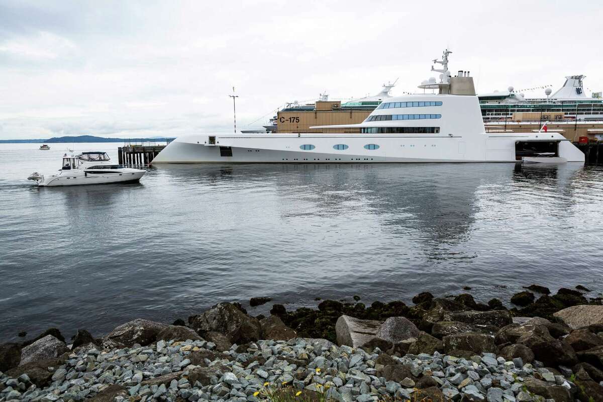One of the world's largest private yachts, simply named "A," appears at Pier 90 in Seattle.