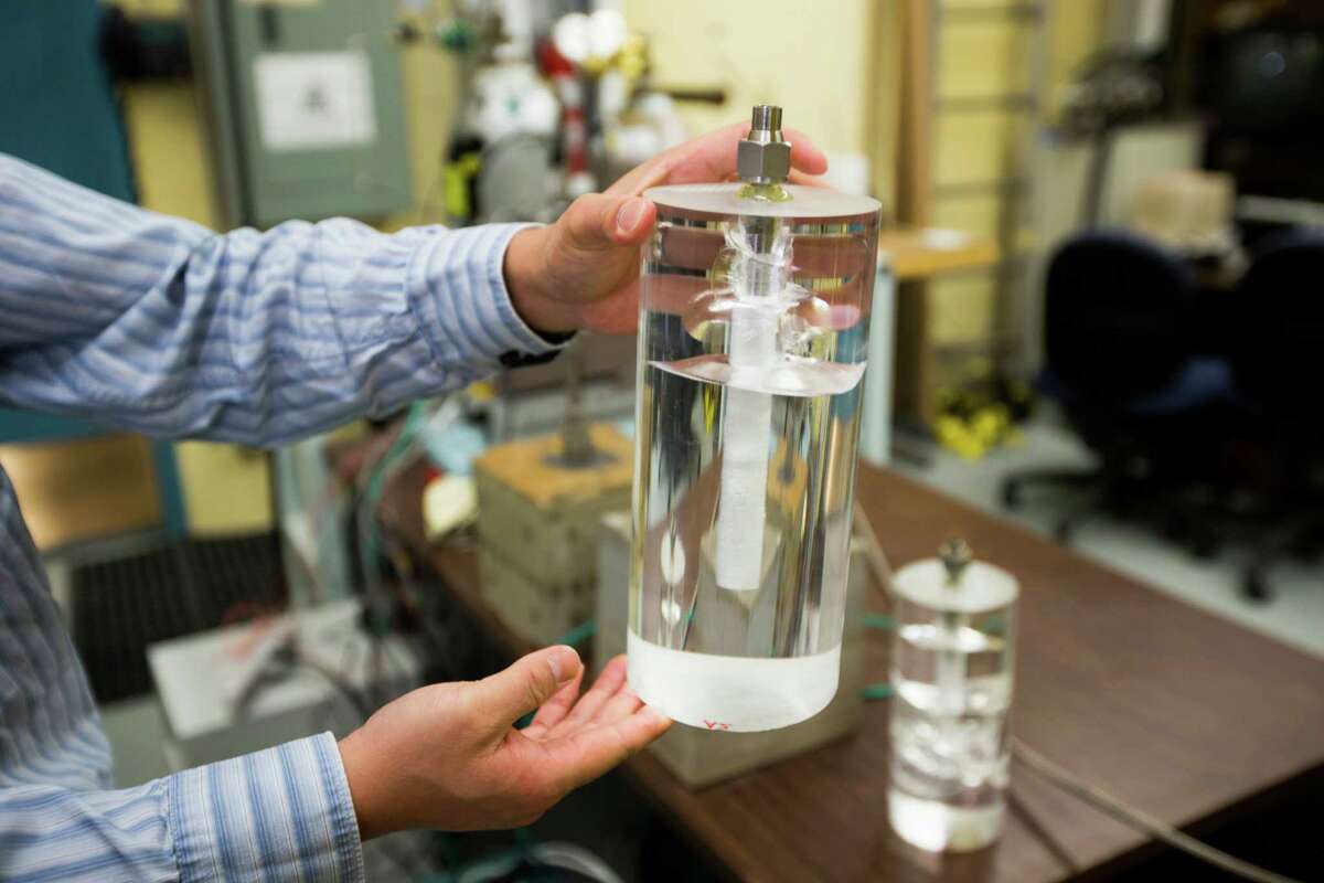 A cylinder of acrylic is part of the testing as scientists at the Colorado School of Mines in Golden work toward the use of liquid nitrogen in hydraulic fracturing.﻿