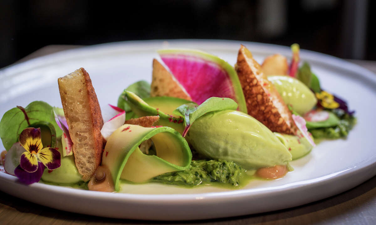 Aveline’s avocado salad is well executed, featuring avocados that are chunked, sliced, curled, made into a sauce and frozen into ice cream.