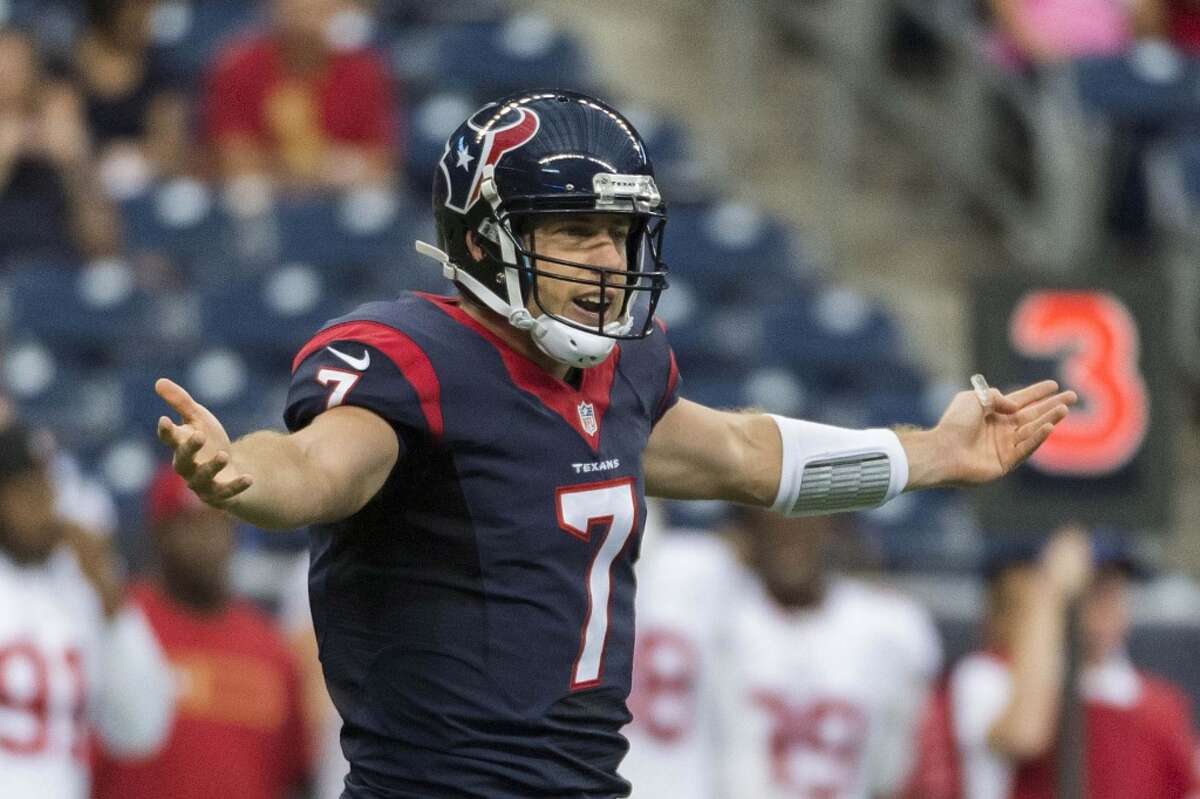 Houston Texans quarterback Case Keenum motions to the sideline during the first quarter of an NFL preseason football game at NRG Stadium on Thursday, Aug. 28, 2014, in Houston. ( Smiley N. Pool / Houston Chronicle )