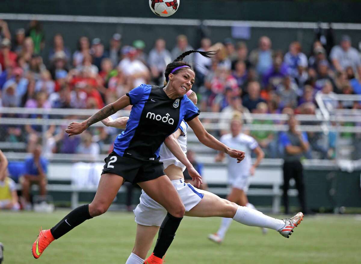 Seattle Reign FC's Sydney Leroux (2) in action against the FC Kansas City in the second half of the NWSL championship soccer match Sunday, Aug. 31, 2014, in Tukwila, Wash. Kansas City won 2-1.