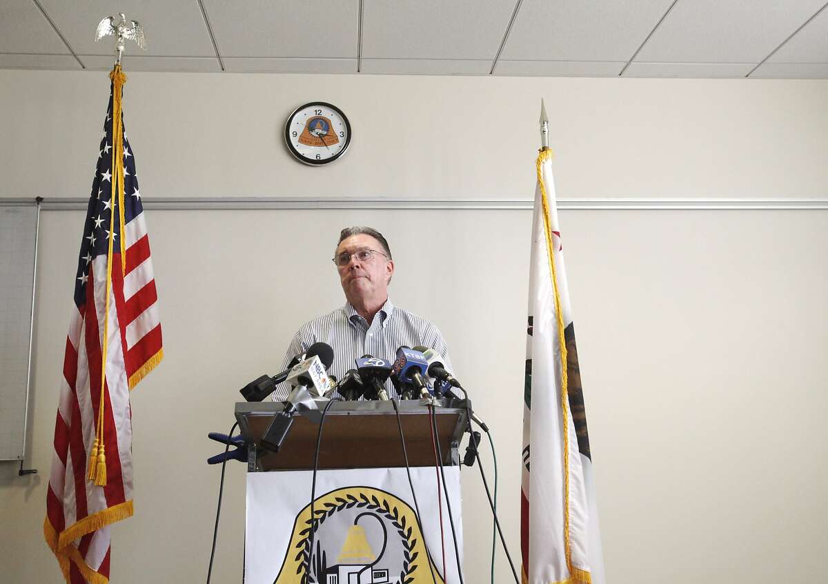 Mayor Jim Ruane answers questions from the media during a press conference at San Bruno City Hall Sept. 2, 2014 where the city called for more funds for a safer gas system in response to the decision by the California Public Utilities Commission on the penalty for PG&E for the 2010 explosion and fire in San Bruno, Calif.