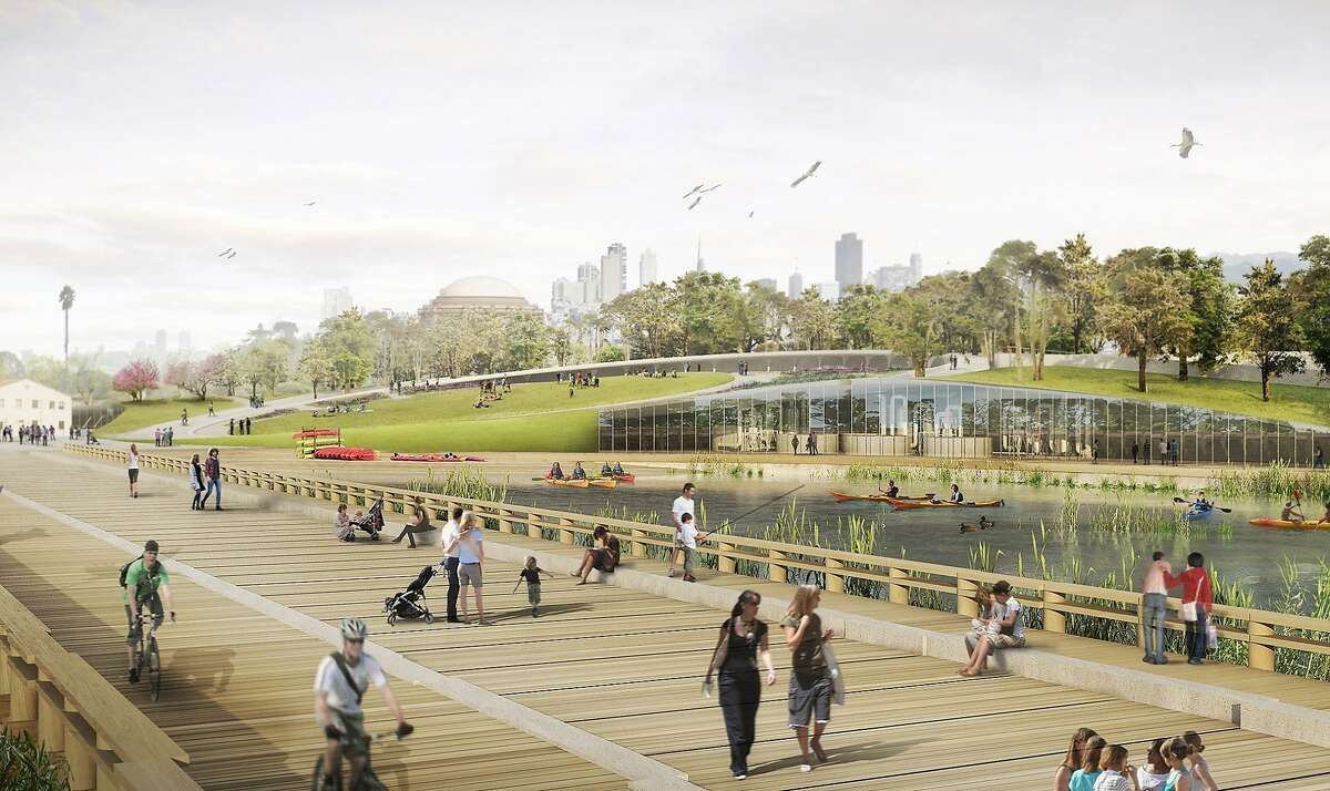 A design team led by landscape architecture firm West 8 is one of five that have submitted conceptual visions for the new parkland that will be draped between the Crissy Field and the Main Post of the Presidio. This image shows an expanded marsh, with a glass-walled classroom for youth tucked below the diagonal lawn. The boardwalk in the front is West 8's vision of a redone Mason Street.