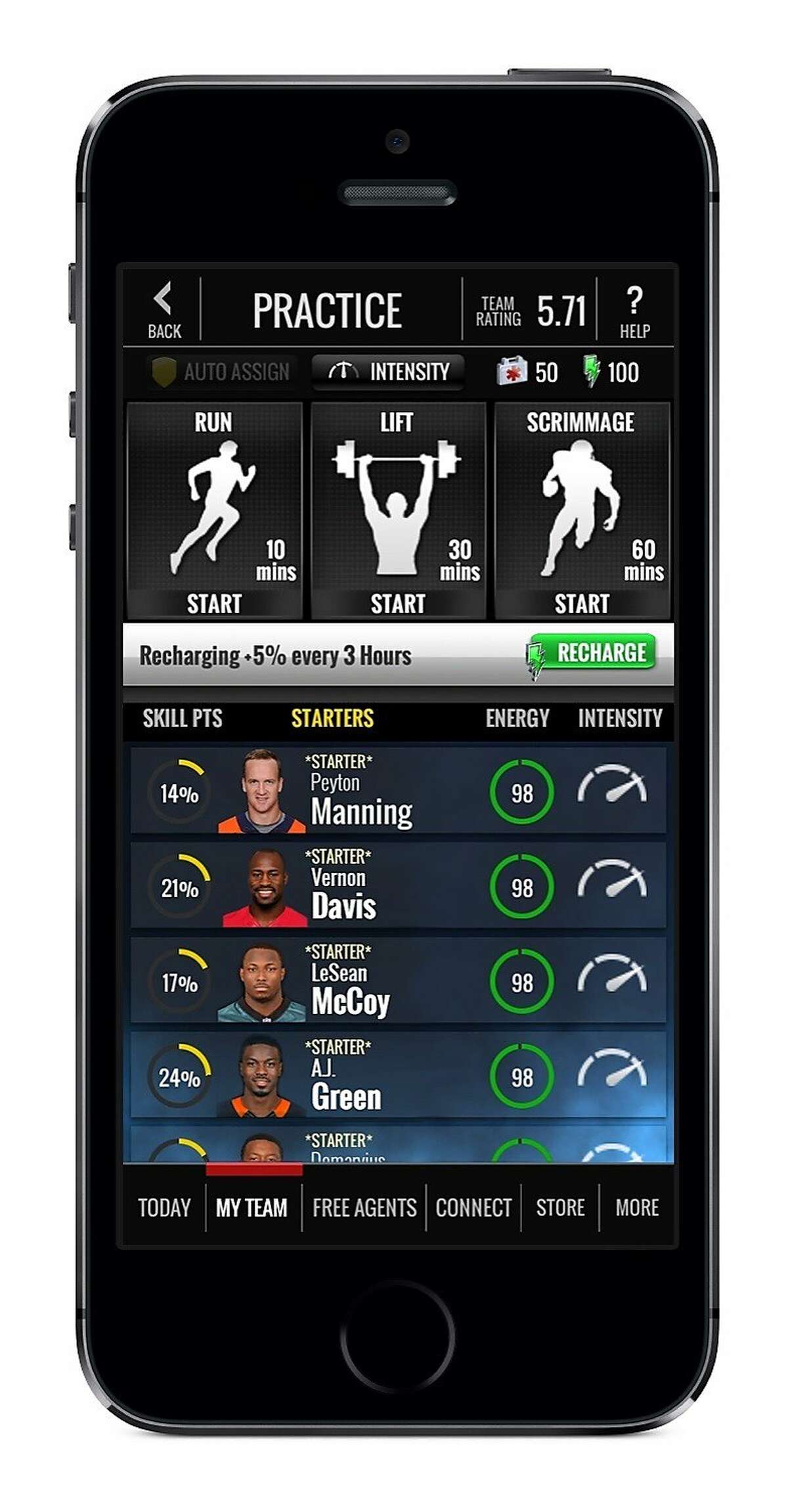 Zynga released its first sports game, a mobile game called "NFL Showdown." This screenshot shows how team managers can improve their player's skills through conditioning and practice