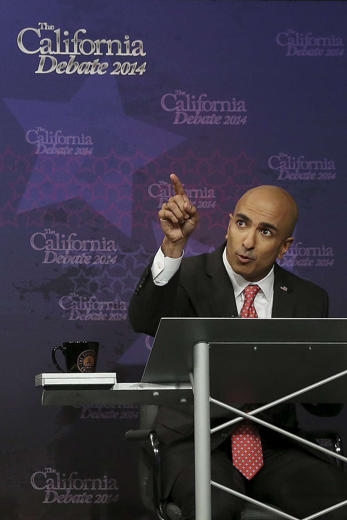 Republican challenger Neel Kashkari speaks during a gubernatorial debate with Gov. Jerry Brown in Sacramento, Calif., Thursday, Sept. 4, 2014.
