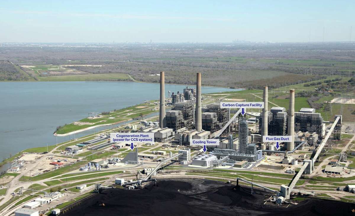 An artist's rendering using an aerial photo adds and labels the $1 billion Petra Nova Carbon Capture Project under construction at NRG Energyâs W.A. Parish power plant in Fort Bend County. (NRG Energy photo)