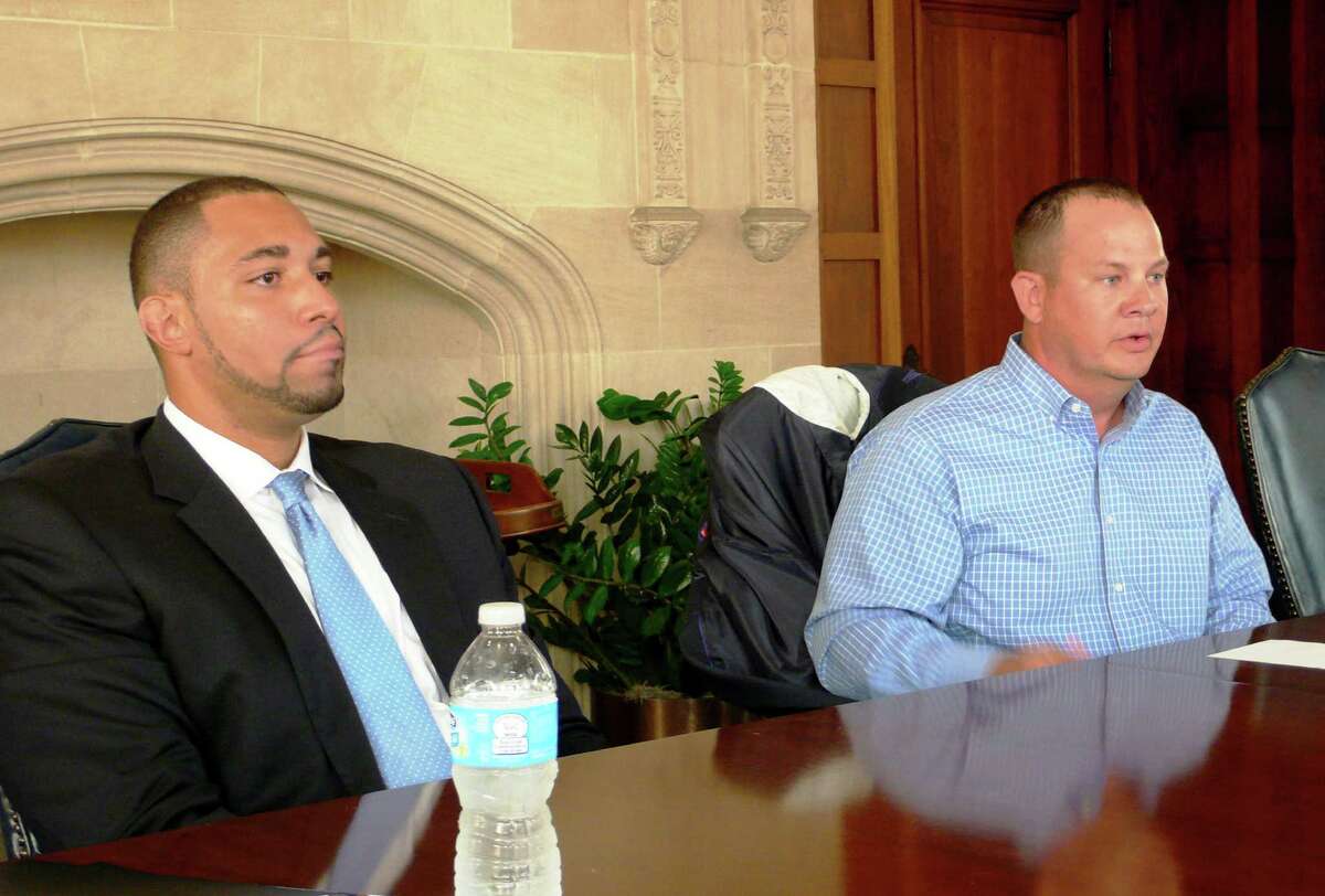 Democrat Tommy Calvert, left, and Republican Timothy Wilson appear before the Express-News Editorial Board on Friday, Sept. 5. Calvert and Wilson are vying to become the county commissioner for Precinct 4, replacing Tommy Adkisson who gave up the East Side office to make an unsuccessful run for county judge.
