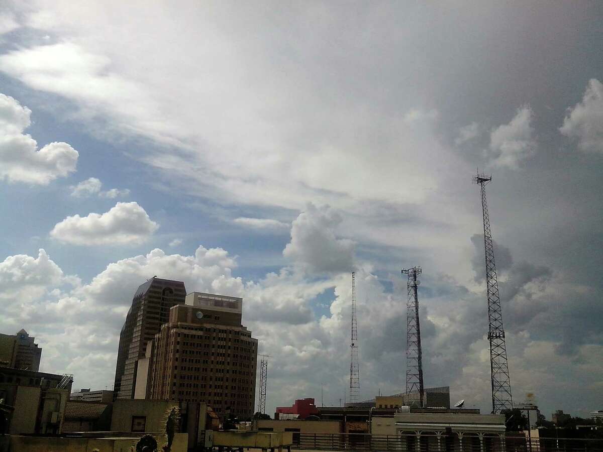 The sky above Downtown San Antonio Sunday afternoon as dark clouds foretell rain.