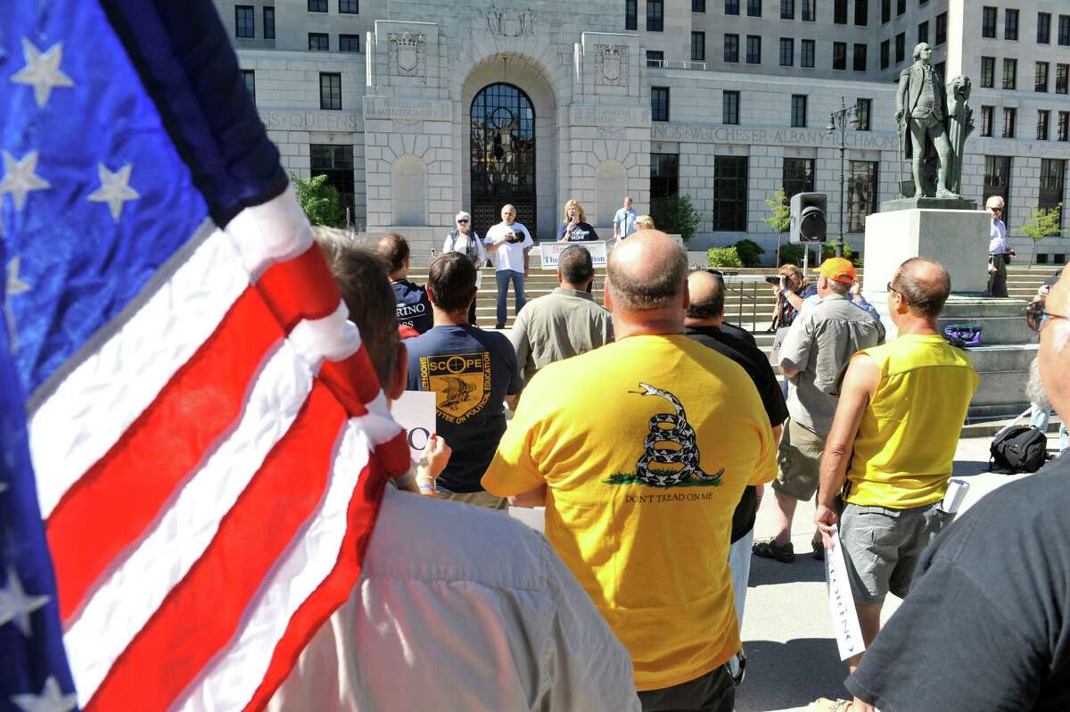 Supporters of Rob Astorino gather for a rally for the Republican gubernatorial candidate, at West Capitol Park on Sunday, Sept. 7, 2014, in Albany, N.Y. (Paul Buckowski / Times Union)
