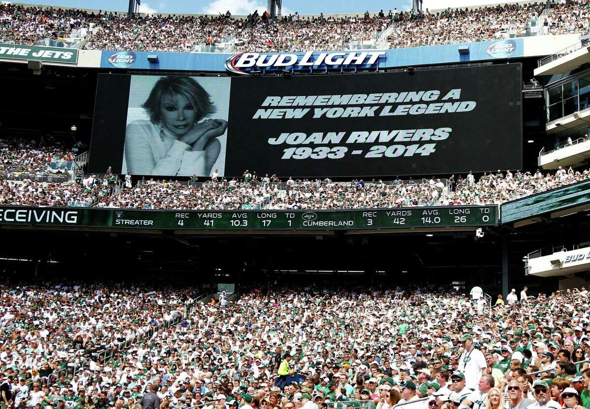 A tribute to the late Joan Rivers is seen on the video board at MetLife Stadium during the third quarter of the New York Jets-Oakland Raiders game in East Rutherford, N.J.