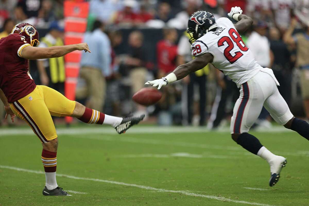 Sunday turned out to be special for Texans rookie Alfred Blue (28), who blocked Tress Way's punt and then scooped up the ball to score a touchdown in the second quarter of the season-opening win over Washington.