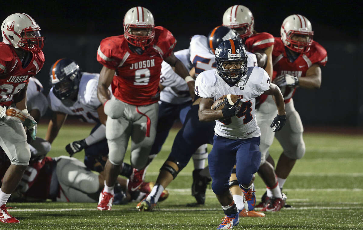 Brandeis running back Jaylon Dukes leaves four Judson Rocket defenders behind on a big gainer during the first half of the Broncos' 27-14 win over Judson Friday at D.W. Rutledge Stadium.