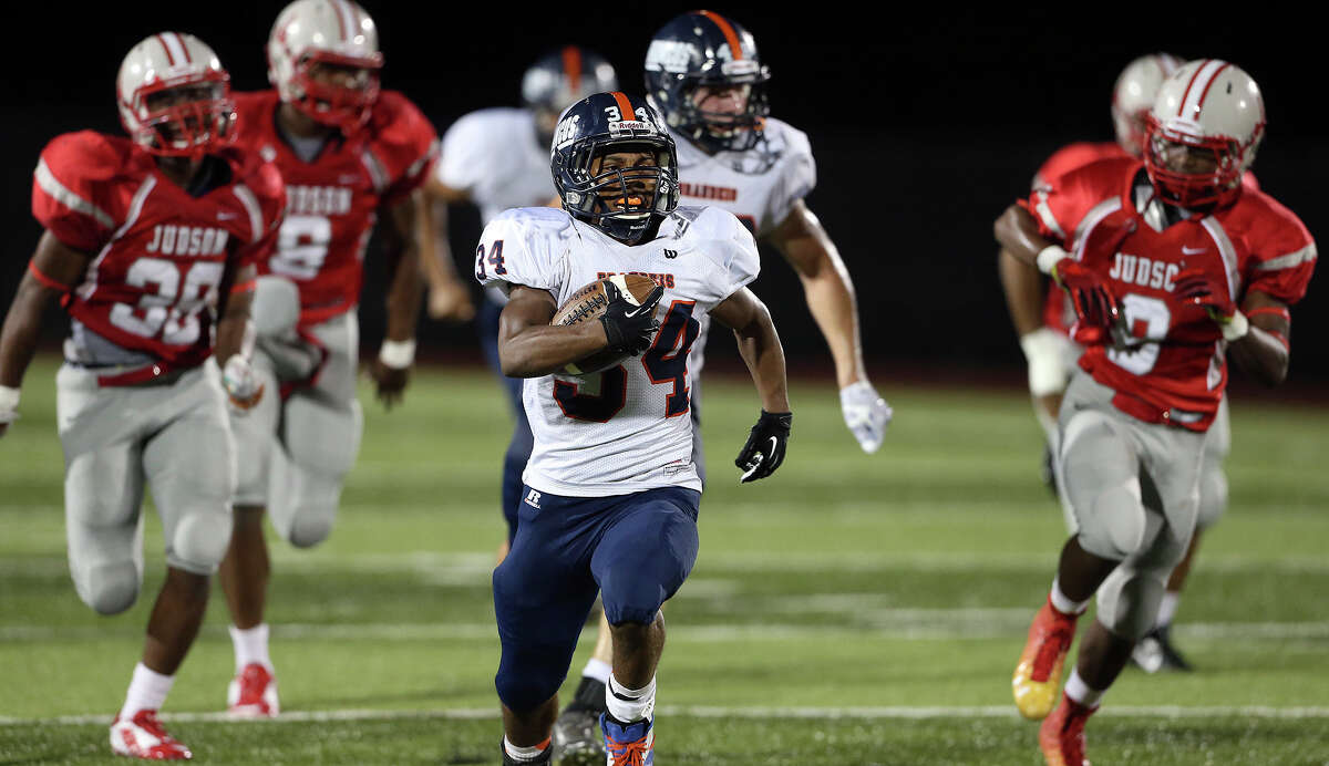 Bronco running back Jaylon Dukes leaves the field behind on a run in the first half as Judson hosts Brandeis at Rutledge Stadium on September 5, 2014. Dukes did not score on this run.